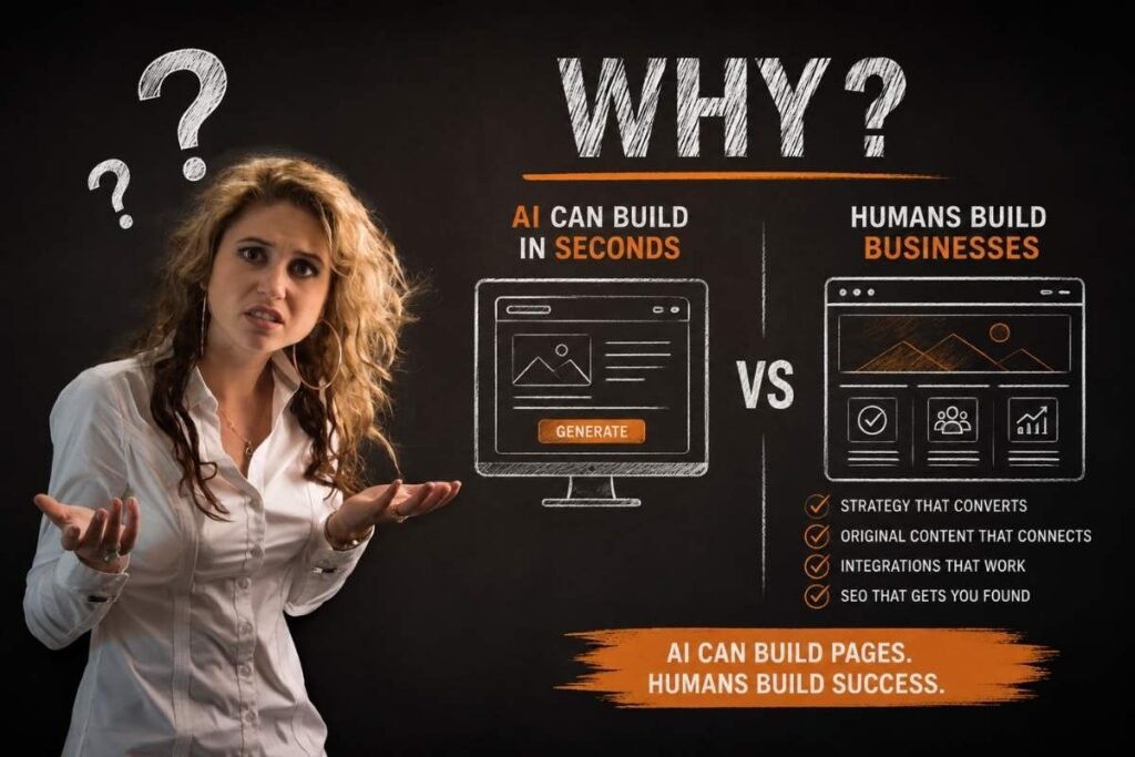 AI website vs human-built business website showing the value of strategy, content, integrations and SEO