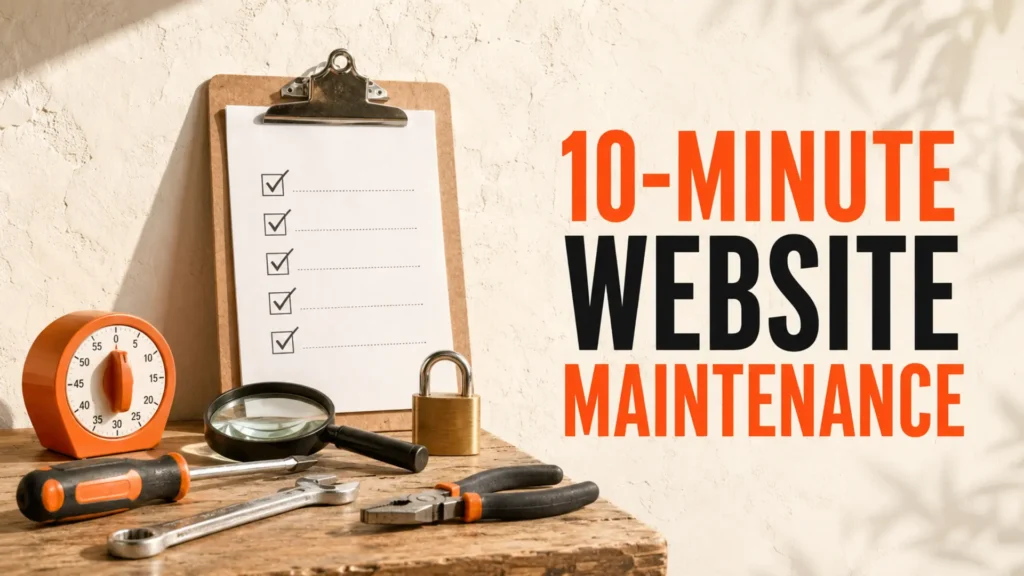Website maintenance checklist with orange timer, padlock, magnifying glass and practical tools