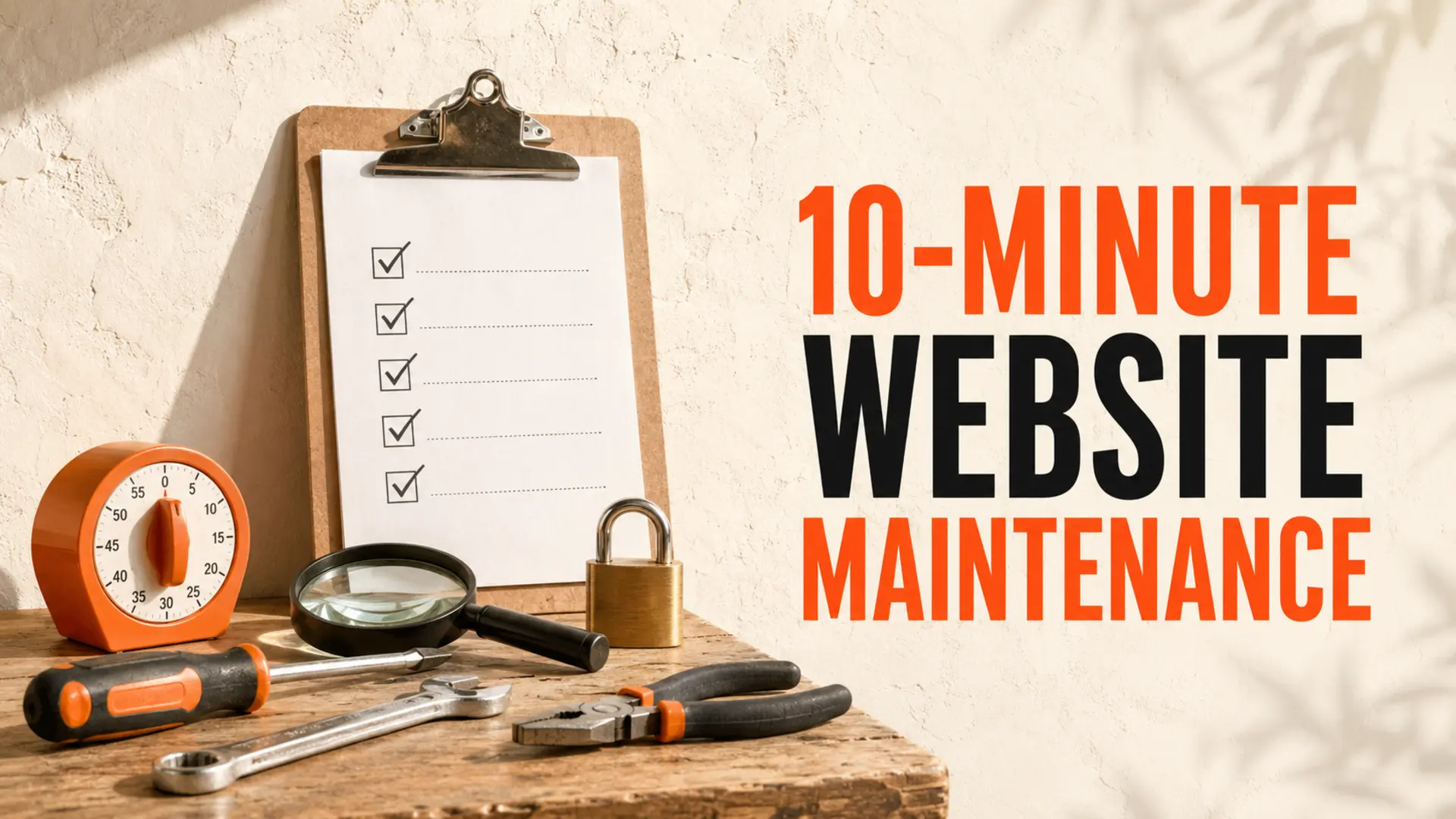 Website maintenance checklist with orange timer, padlock, magnifying glass and practical tools
