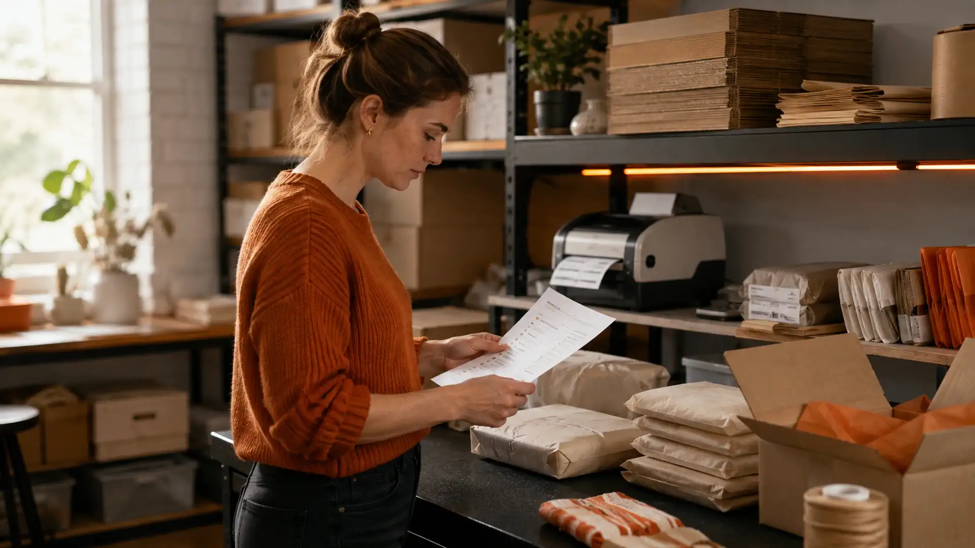 Small business owner reviewing orders while automation handles routine fulfilment tasks