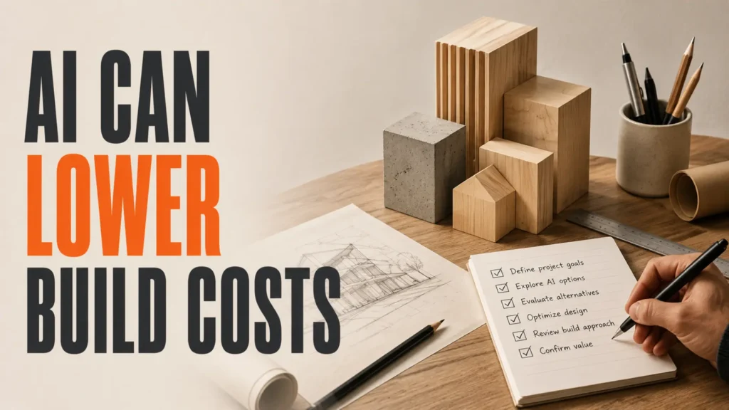 AI-assisted design blocks and human review checklist beside the headline AI Can Lower Build Costs