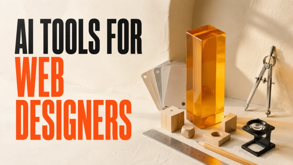 Amber prism with physical design tools and colour samples beside the headline AI Tools for Web Designers