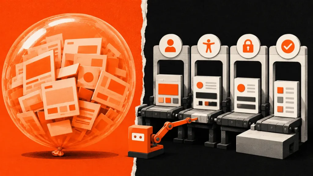 Inflated AI website hype compared with a human-reviewed production workflow