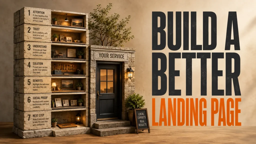 Seven physical content blocks leading to a service doorway beside the headline Build a Better Landing Page