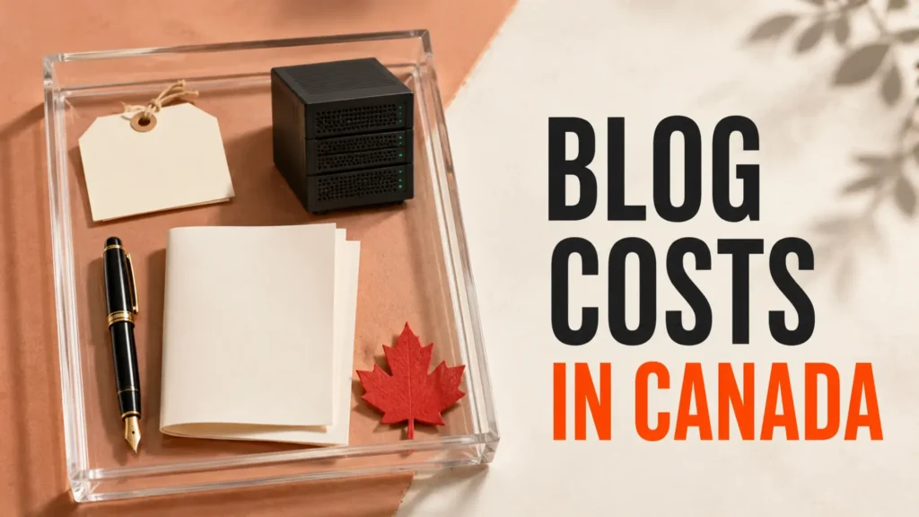 Transparent blog-planning components with domain, hosting and publishing tools beside the headline Blog Costs in Canada
