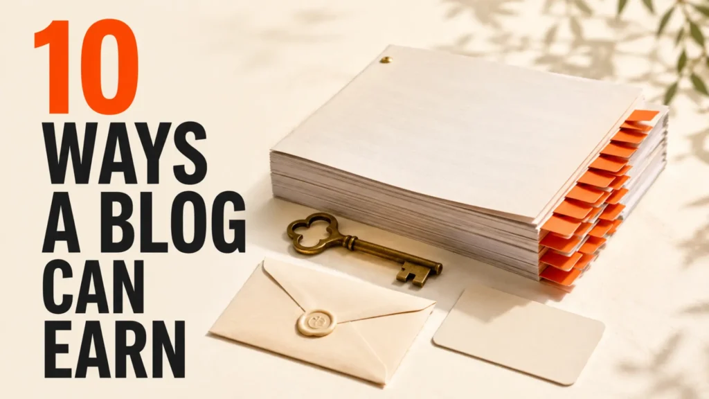 Article pages with ten orange tabs, a membership key and newsletter envelope beside the headline 10 Ways a Blog Can Earn