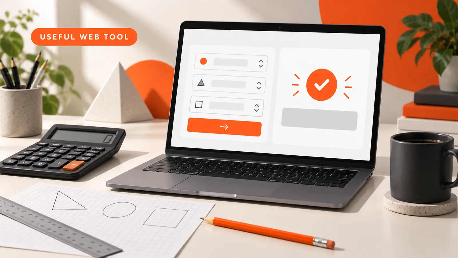 A useful web-tool concept with a calculator, worksheet and laptop