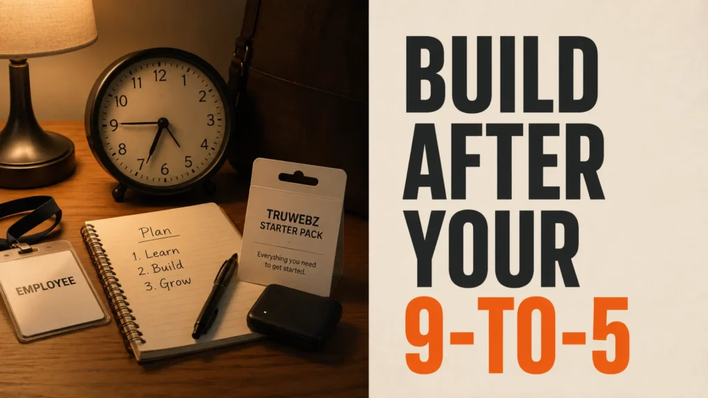 Evening clock, work badge and business materials beside the headline Build After Your 9-to-5