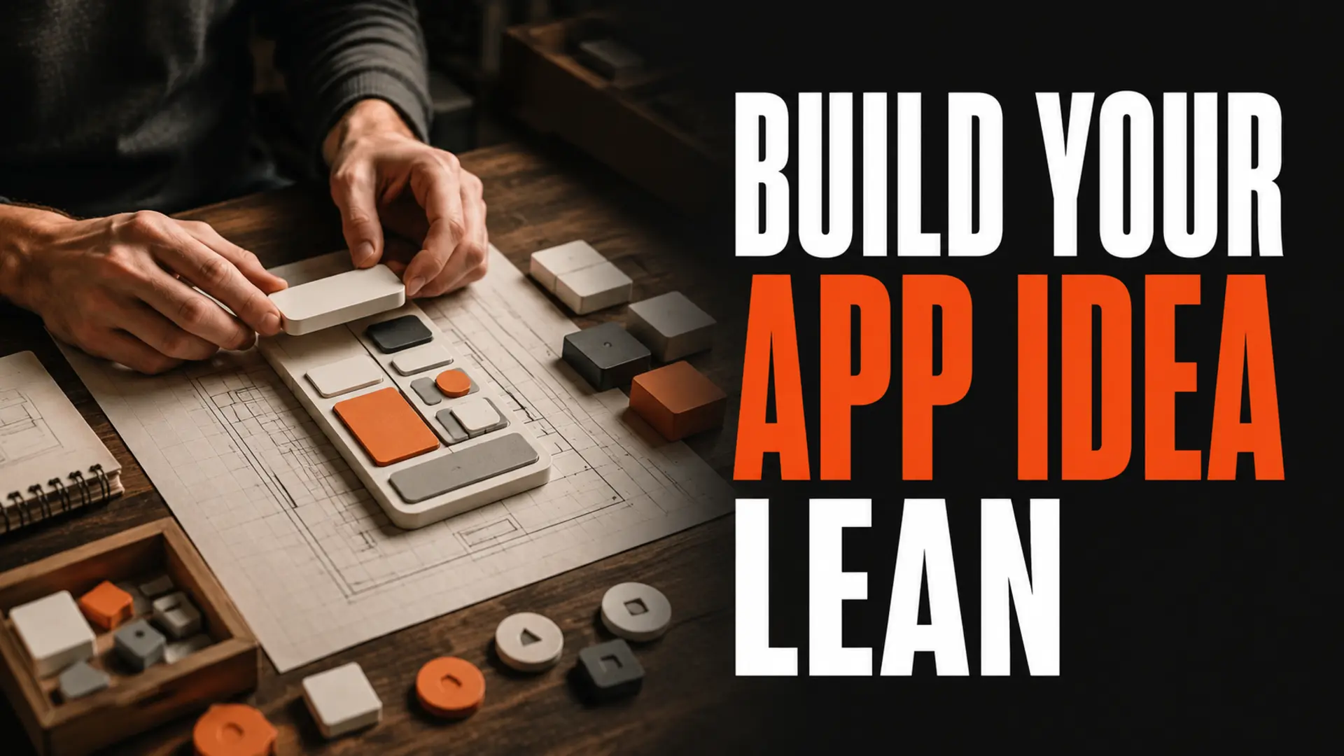 Hands assembling modular app components beside the headline Build Your App Idea Lean