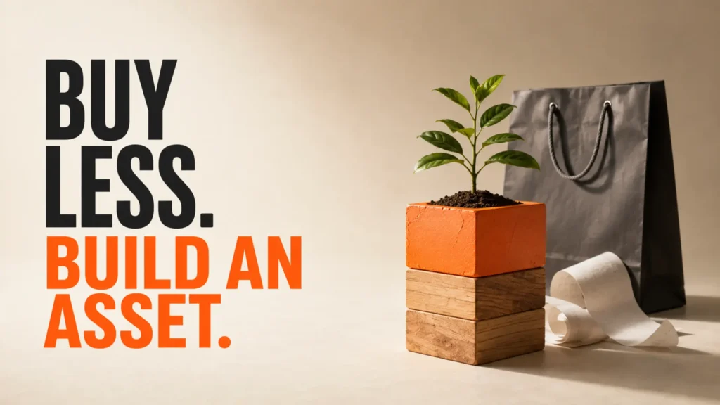 Growing plant on sturdy building blocks beside a shopping bag and the headline Buy Less, Build an Asset