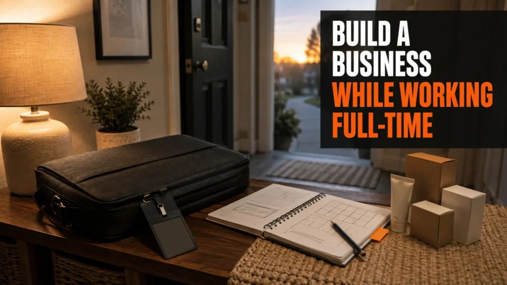Work briefcase beside an evening business-planning notebook and product packaging samples