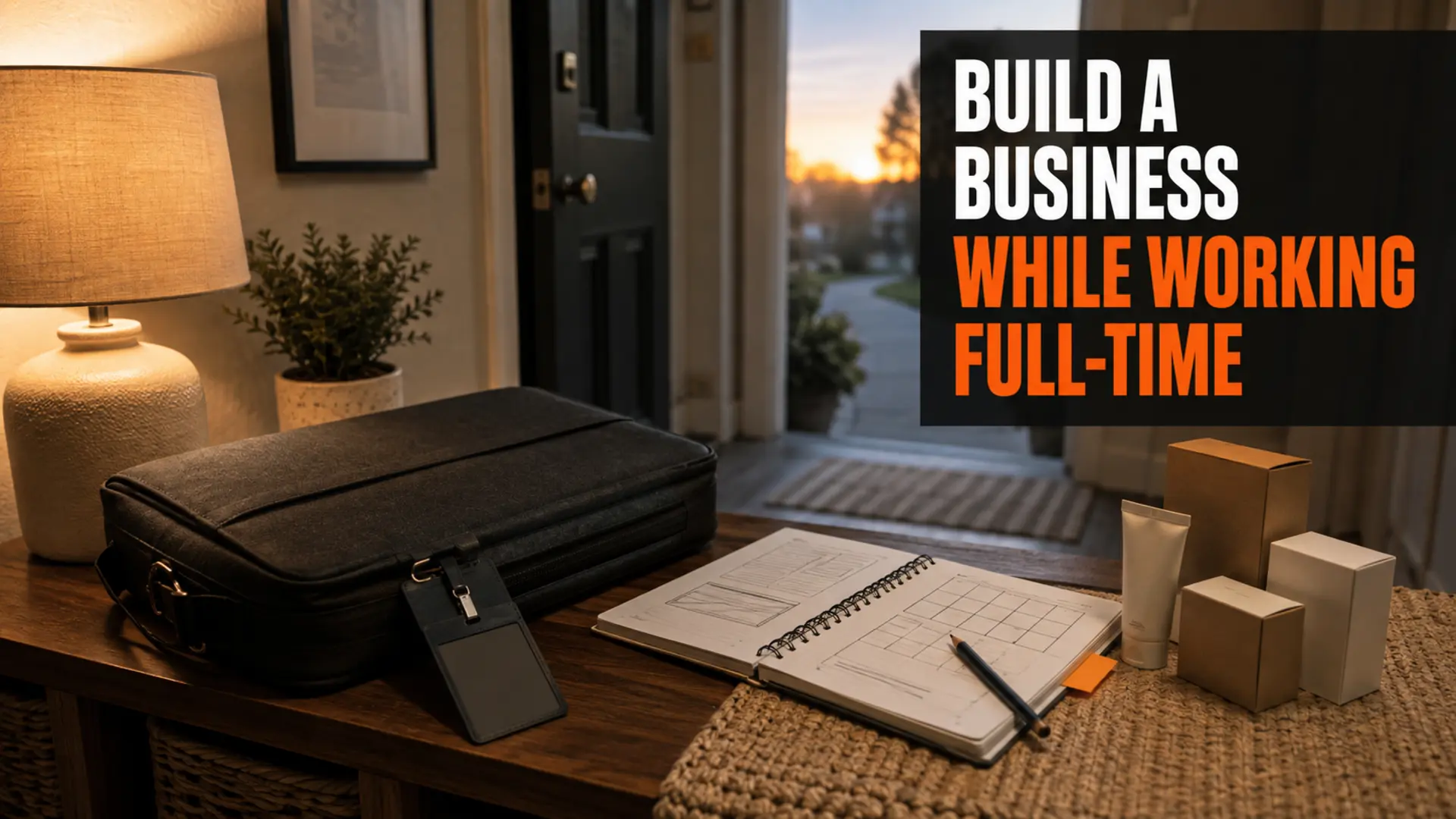 Work briefcase beside an evening business-planning notebook and product packaging samples