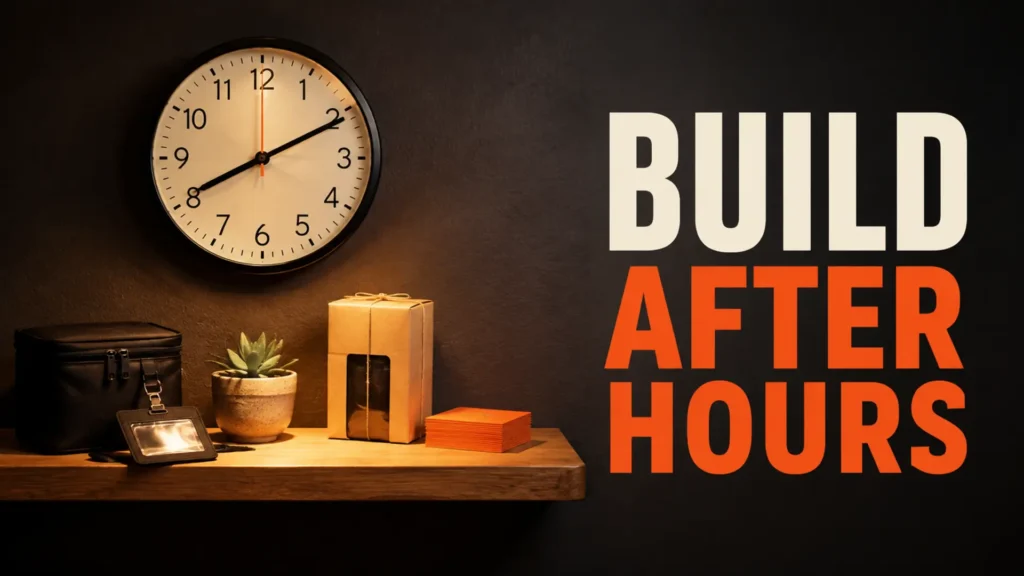 Evening clock, work badge and small packaged product beside the headline Build After Hours