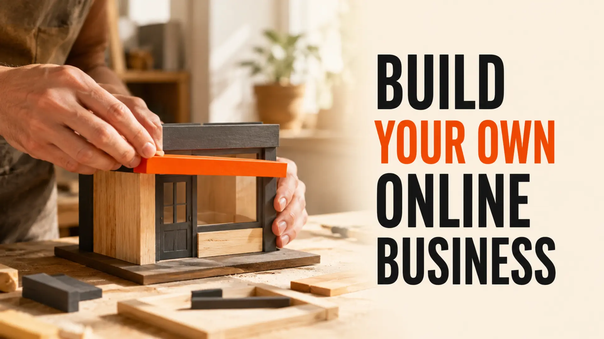 Hands assembling a wooden storefront model beside the headline Build Your Own Online Business