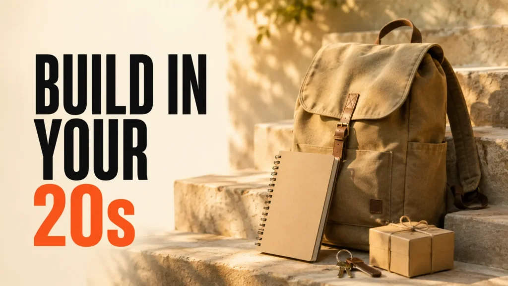 Backpack, notebook, keys and a small product box beside the headline Build in Your 20s