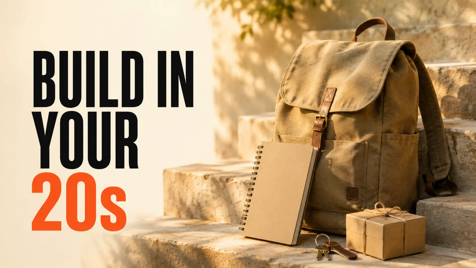 Backpack, notebook, keys and a small product box beside the headline Build in Your 20s