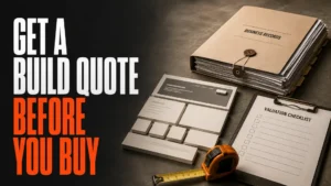 Business records and website build checklist beside the headline Get a Build Quote Before You Buy
