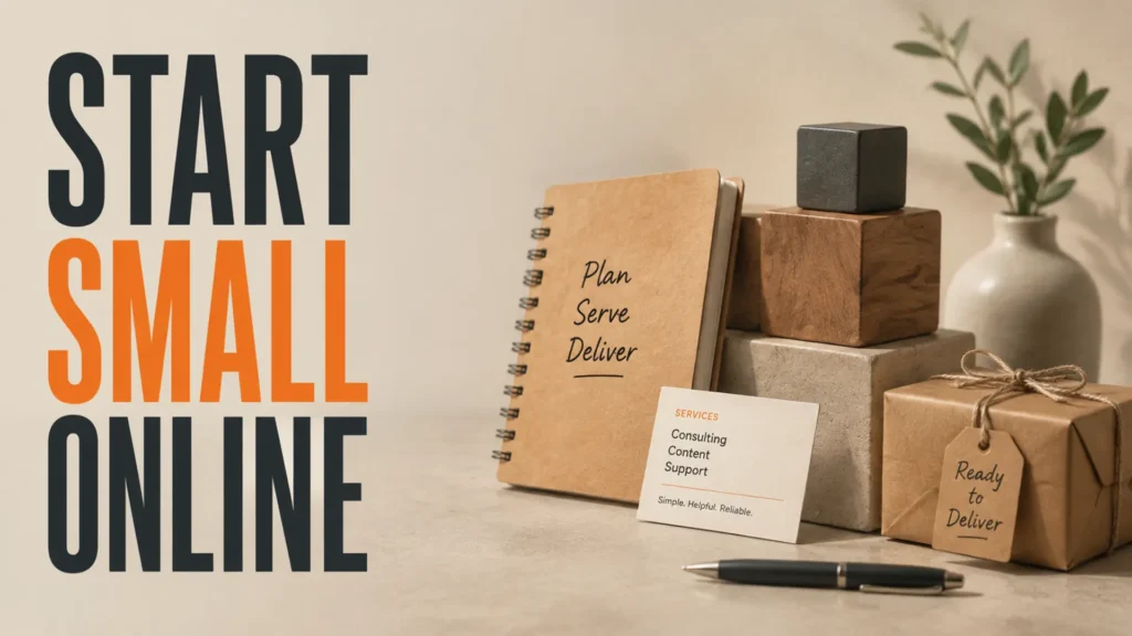 Compact modular online business kit beside the headline Start Small Online