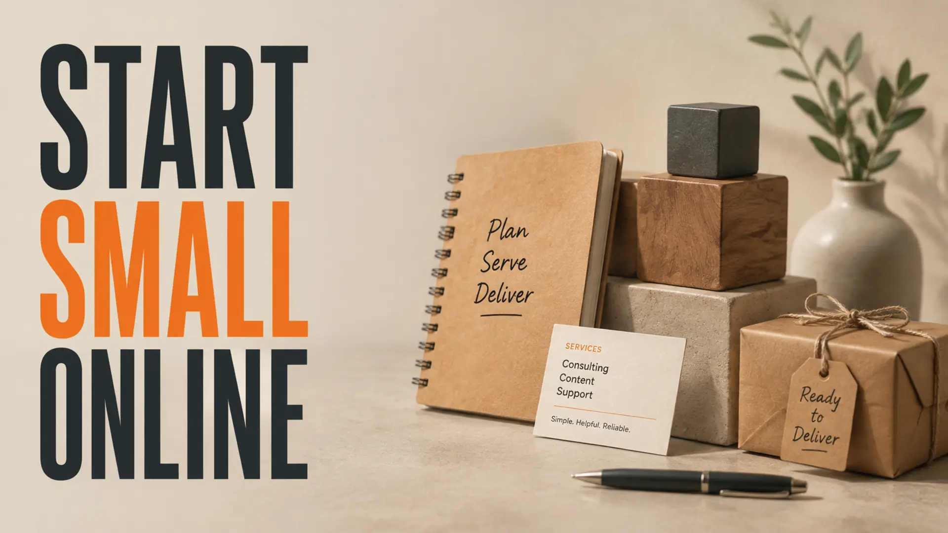 Compact modular online business kit beside the headline Start Small Online