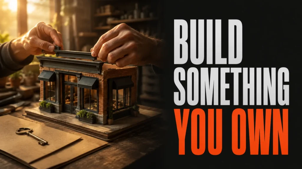 Hands assembling a storefront model beside the headline Build Something You Own