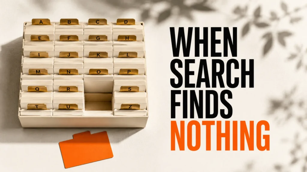 Physical business directory with an empty listing slot beside the headline When Search Finds Nothing
