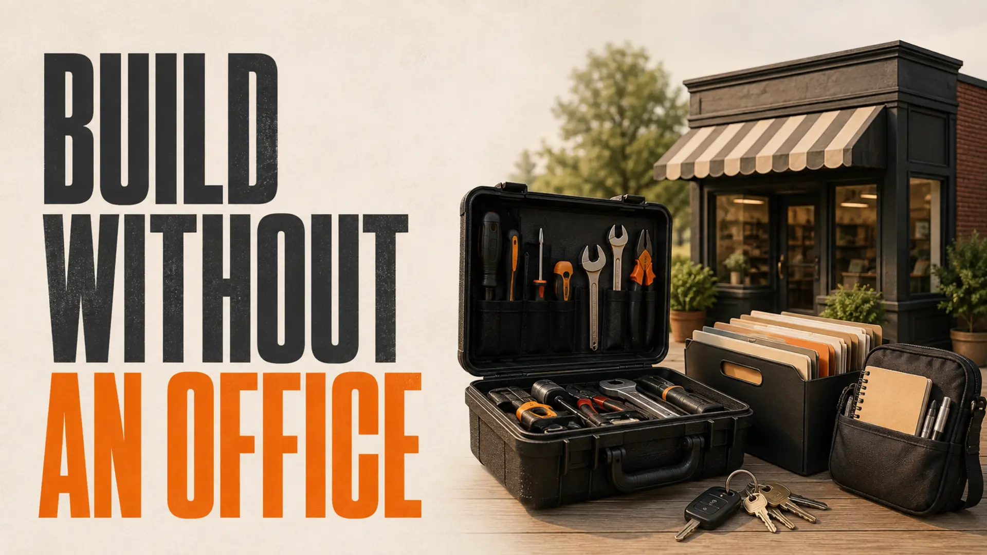 Portable service-business kit beside the headline Build Without an Office