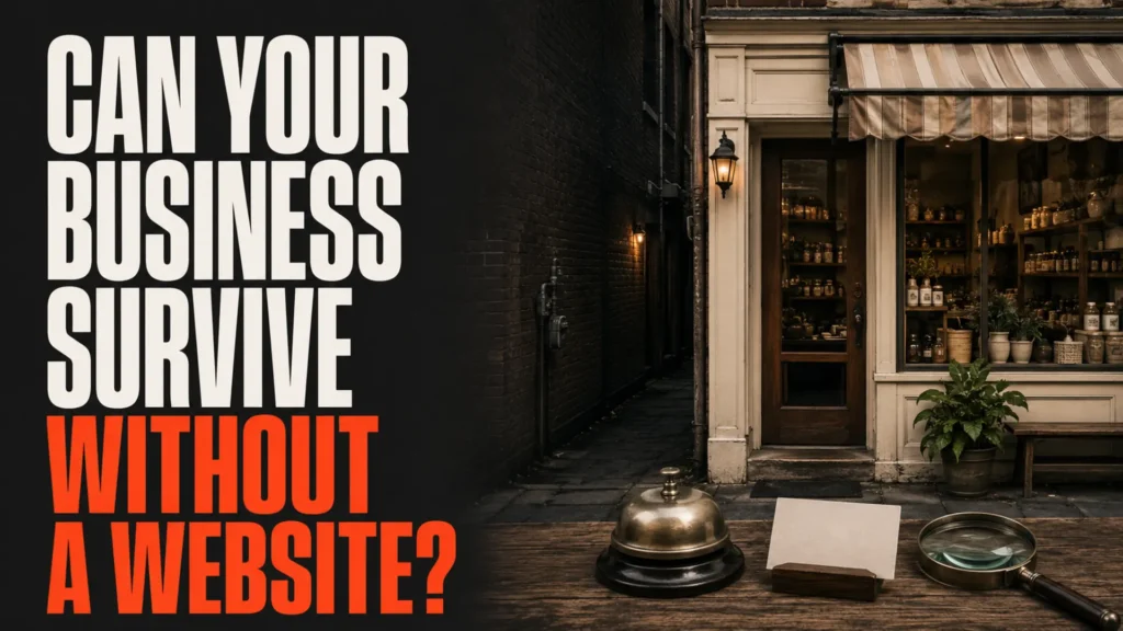 Local shop and service counter beside the headline Can Your Business Survive Without a Website
