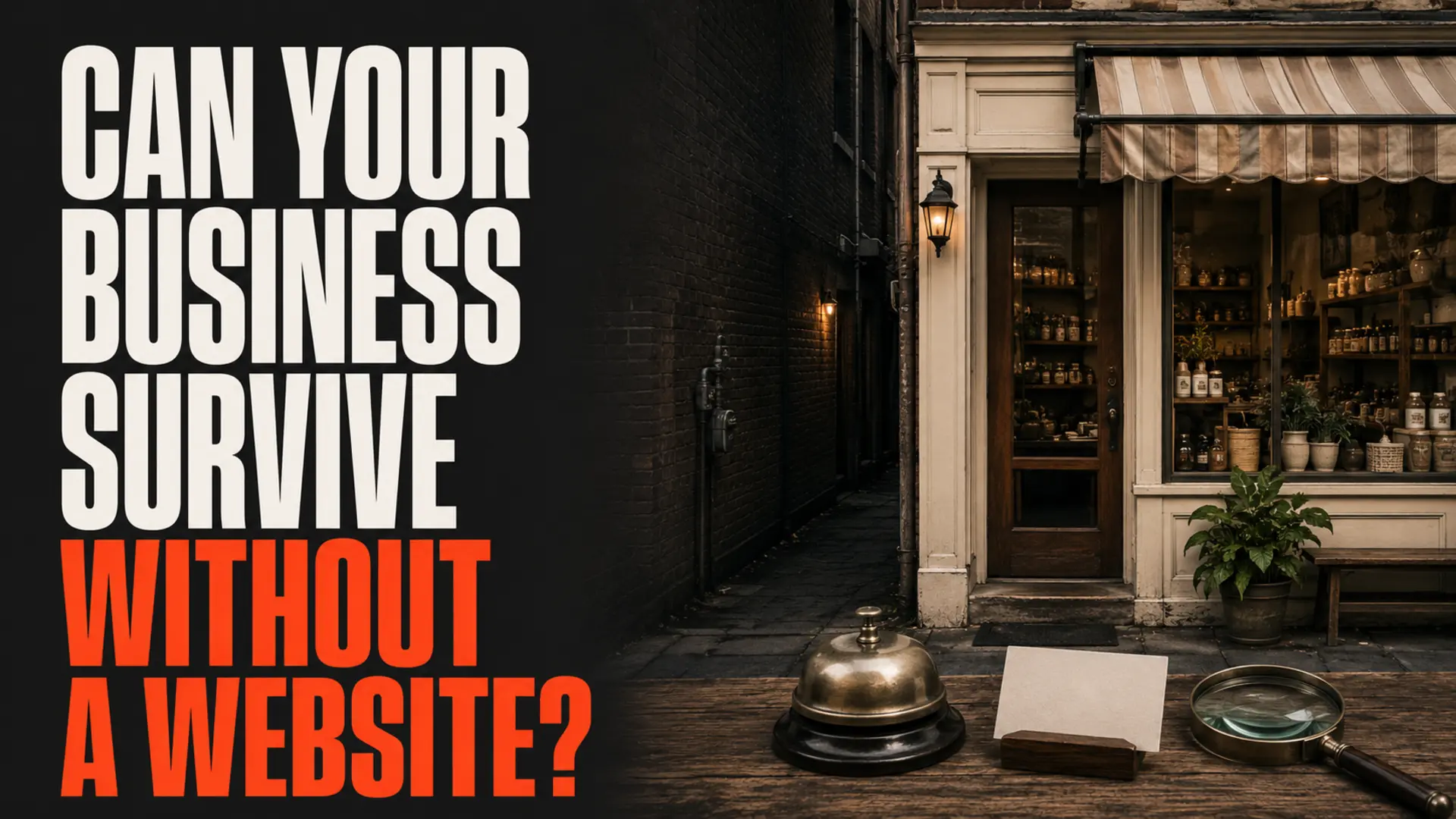 Local shop and service counter beside the headline Can Your Business Survive Without a Website