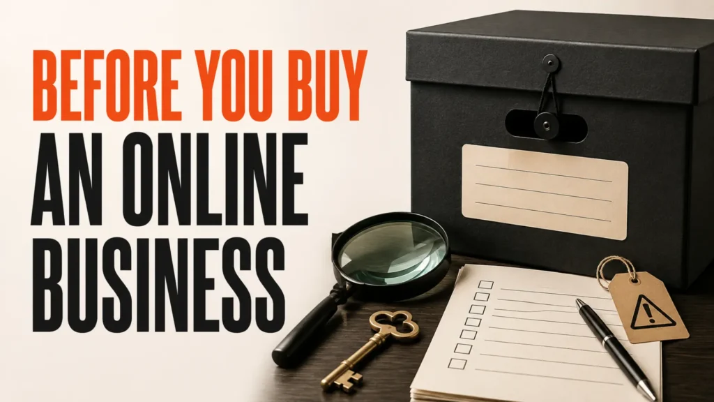 Business records box, magnifying glass and checklist beside the headline Before You Buy an Online Business
