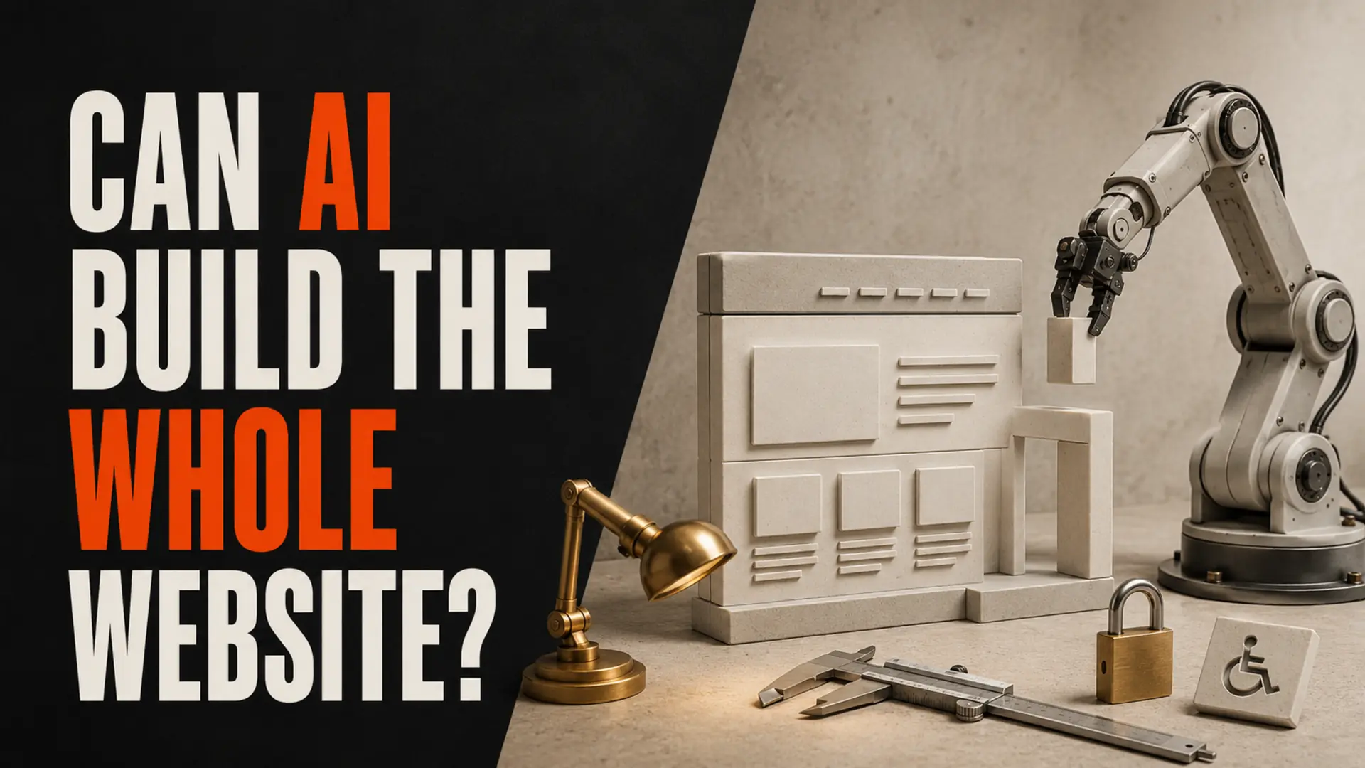 Robotic arm assembling a website model beside inspection tools and the headline Can AI Build the Whole Website