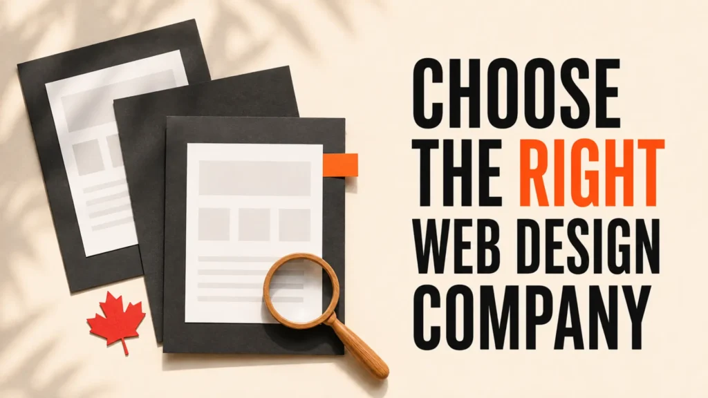 Web design proposal folders, magnifying glass and maple leaf beside a selection headline