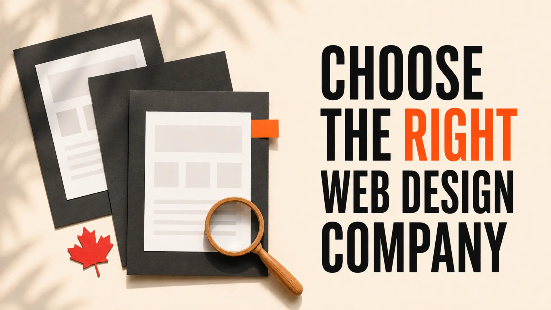 Web design proposal folders, magnifying glass and maple leaf beside a selection headline