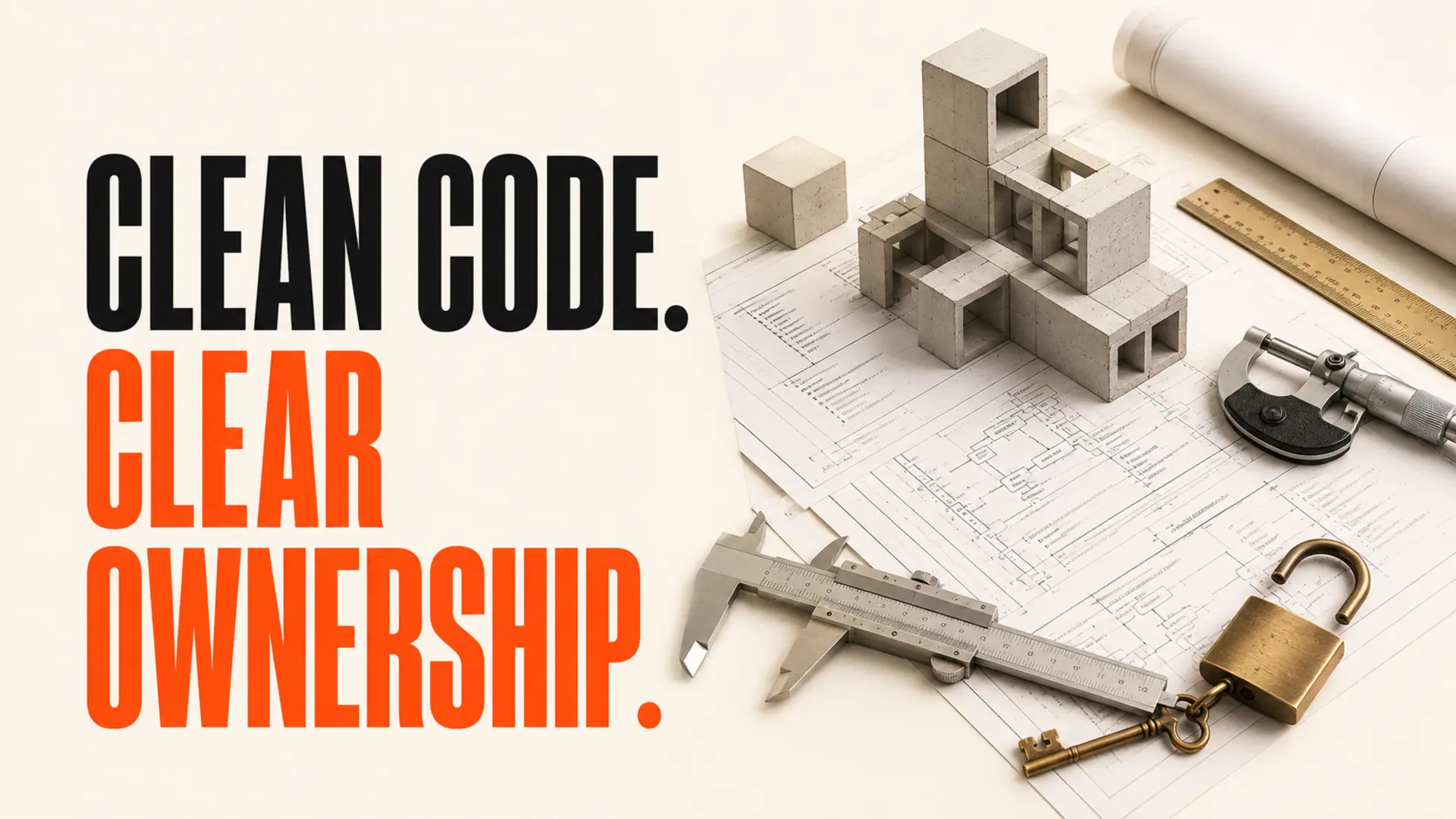 Technical architecture blocks and precision tools beside the headline Clean Code, Clear Ownership