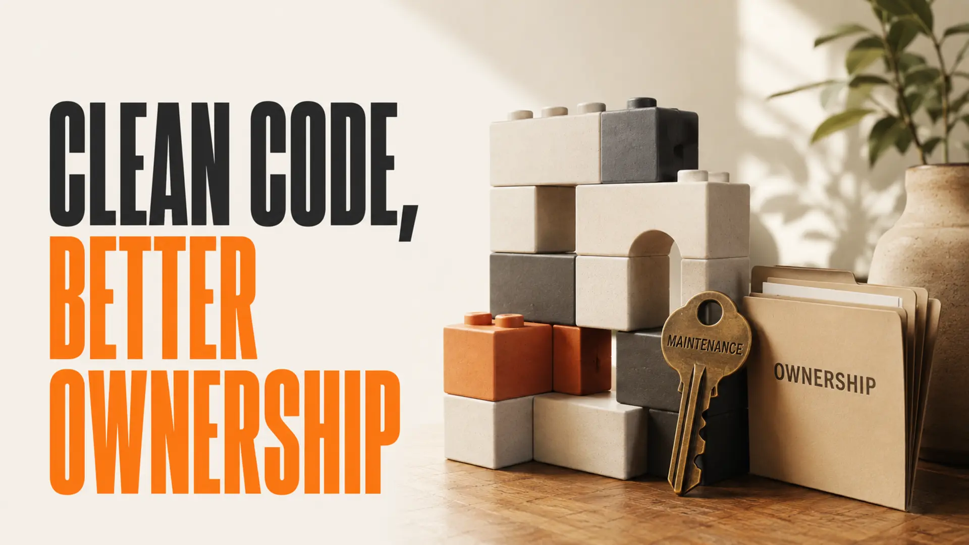 Clean modular website components beside the headline Clean Code, Better Ownership