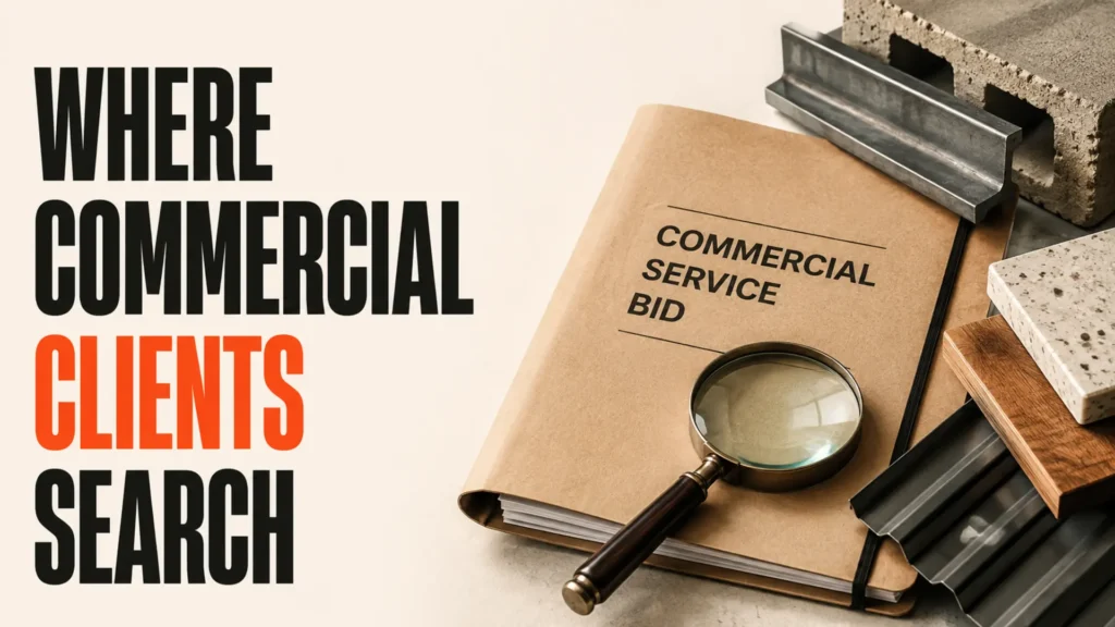 Commercial procurement folder and building samples beside the headline Where Commercial Clients Search