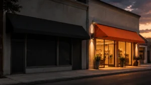 Dark anonymous storefront beside a visible and welcoming local competitor