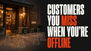 Empty customer markers outside a local storefront beside the headline Customers You Miss When You're Offline