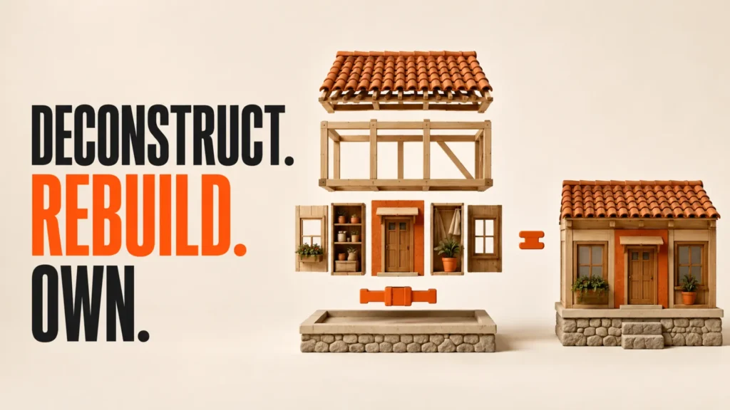 Modular business structure shown in an exploded rebuild beside the headline Deconstruct, Rebuild, Own