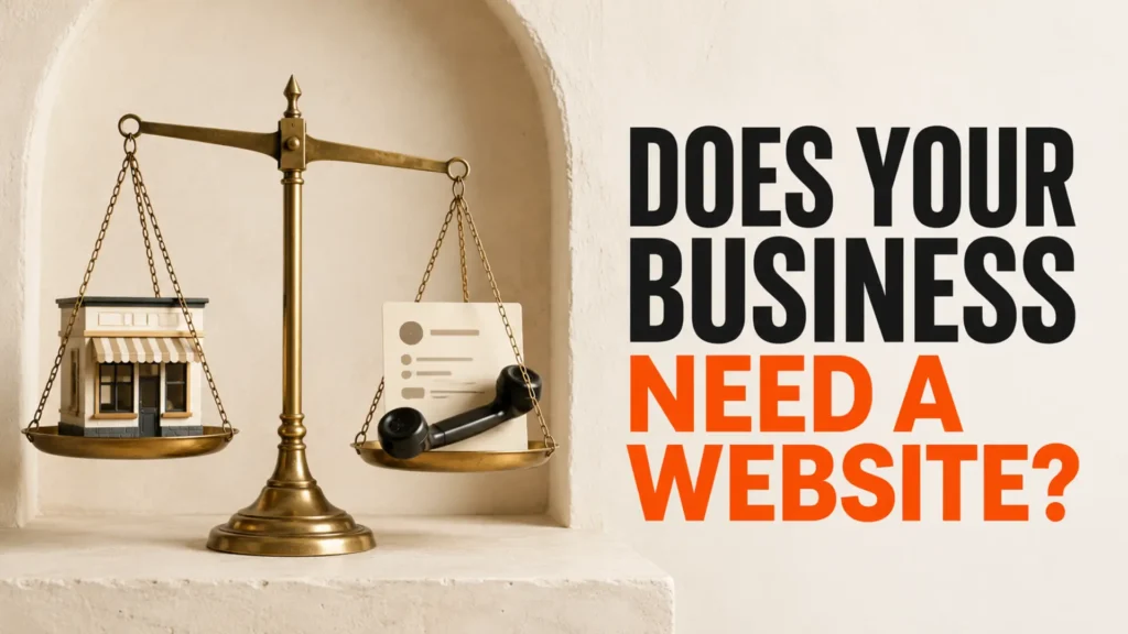 Storefront balanced against a service card and telephone beside the headline Does Your Business Need a Website