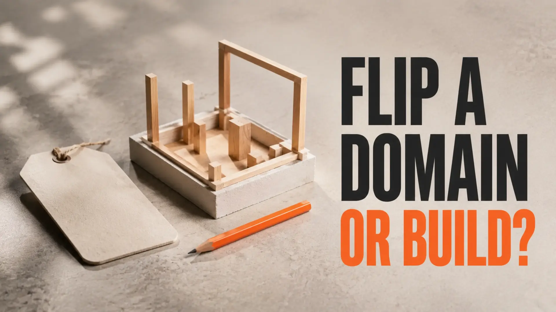 Blank domain tag and a handcrafted website foundation beside the headline Flip a Domain or Build