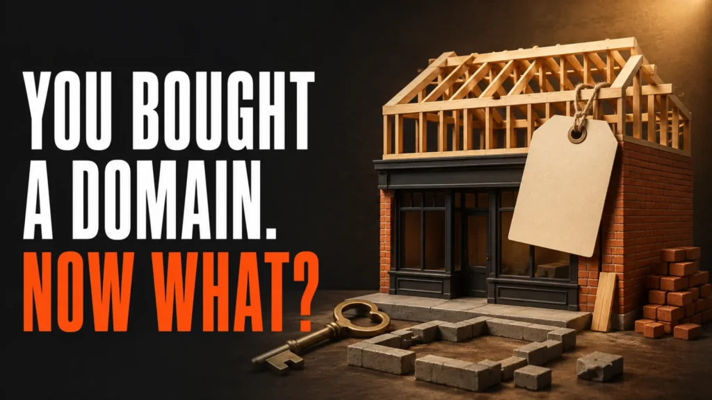 Domain tag and storefront under construction beside the headline You Bought a Domain Now What