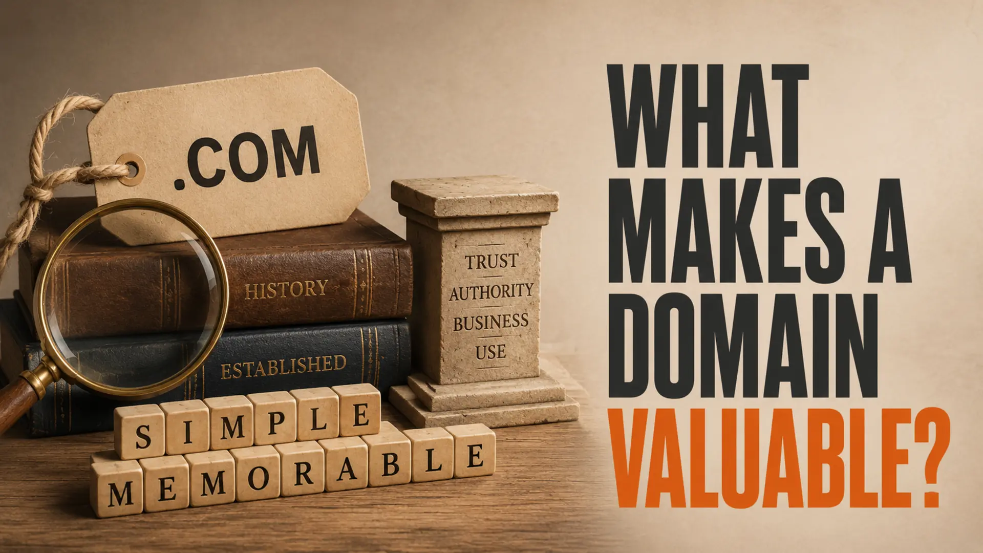 Domain tag, magnifying glass and sturdy foundation beside the headline What Makes a Domain Valuable