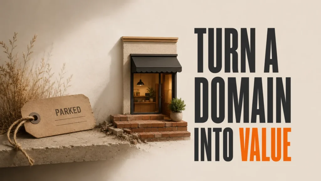 Domain tag becoming a useful website foundation beside the headline Turn a Domain Into Value