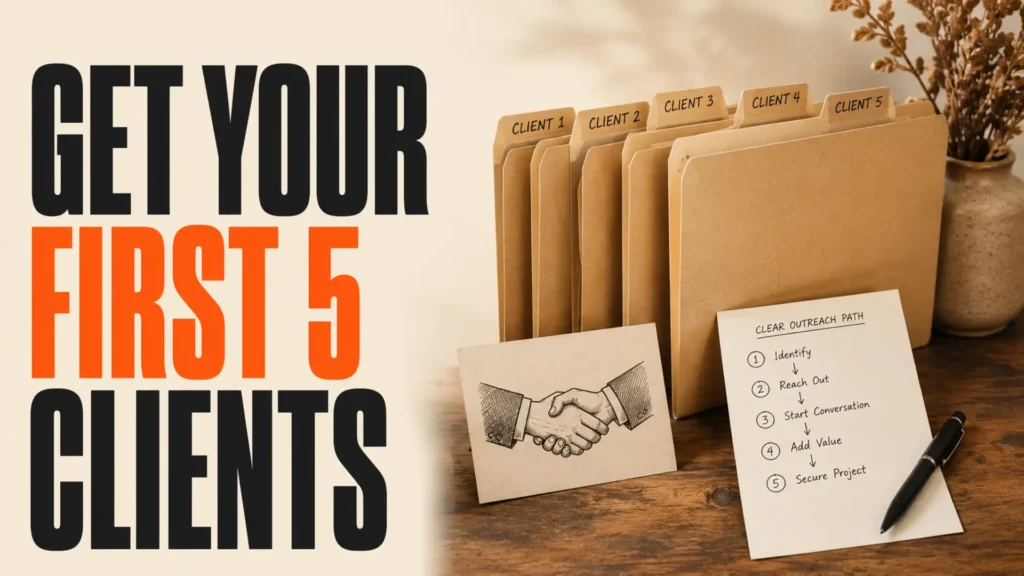 Five client folders and outreach materials beside the headline Get Your First 5 Clients
