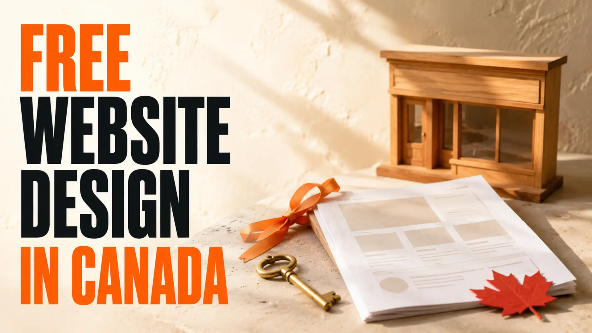 Small-business storefront model with website plan, brass key, orange ribbon and Canadian maple leaf