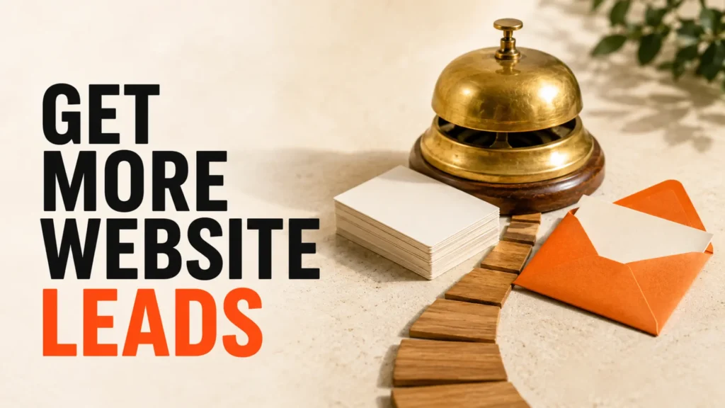 Service bell, enquiry cards and orange envelope beside a path representing more website leads