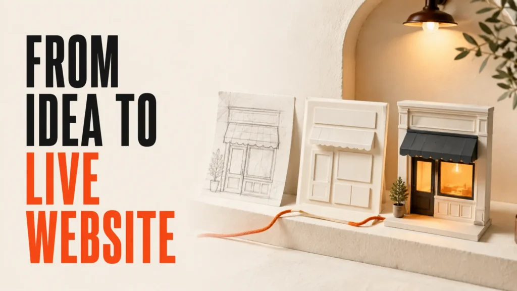 Website concept progressing from sketch to structure and finished storefront beside the headline From Idea to Live Website