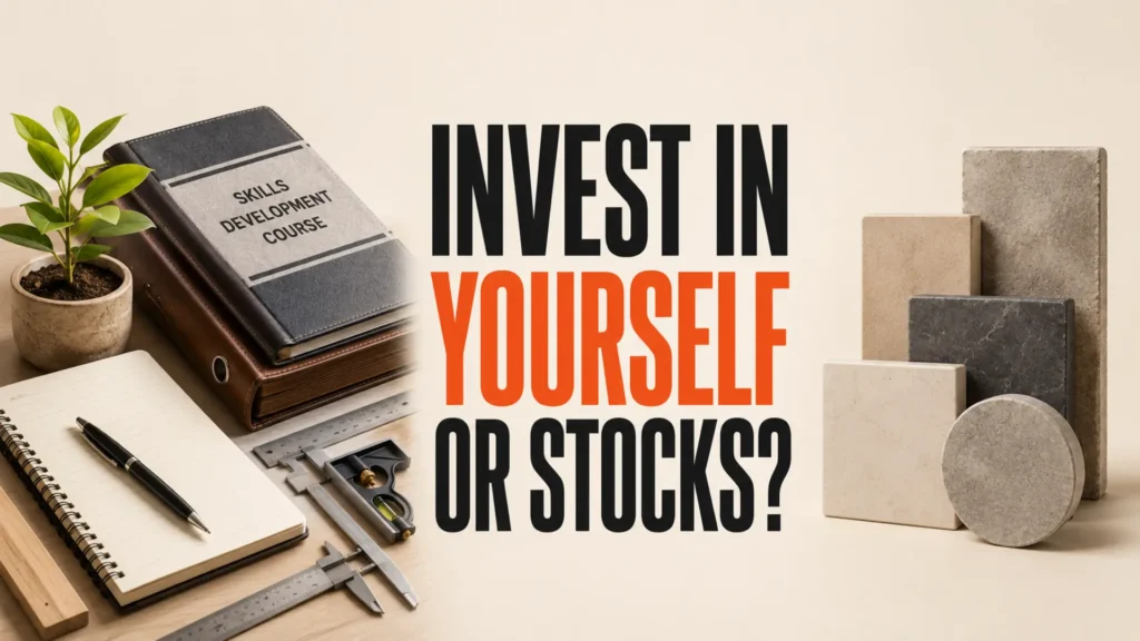 Skills toolkit and investment blocks beside the headline Invest in Yourself or Stocks