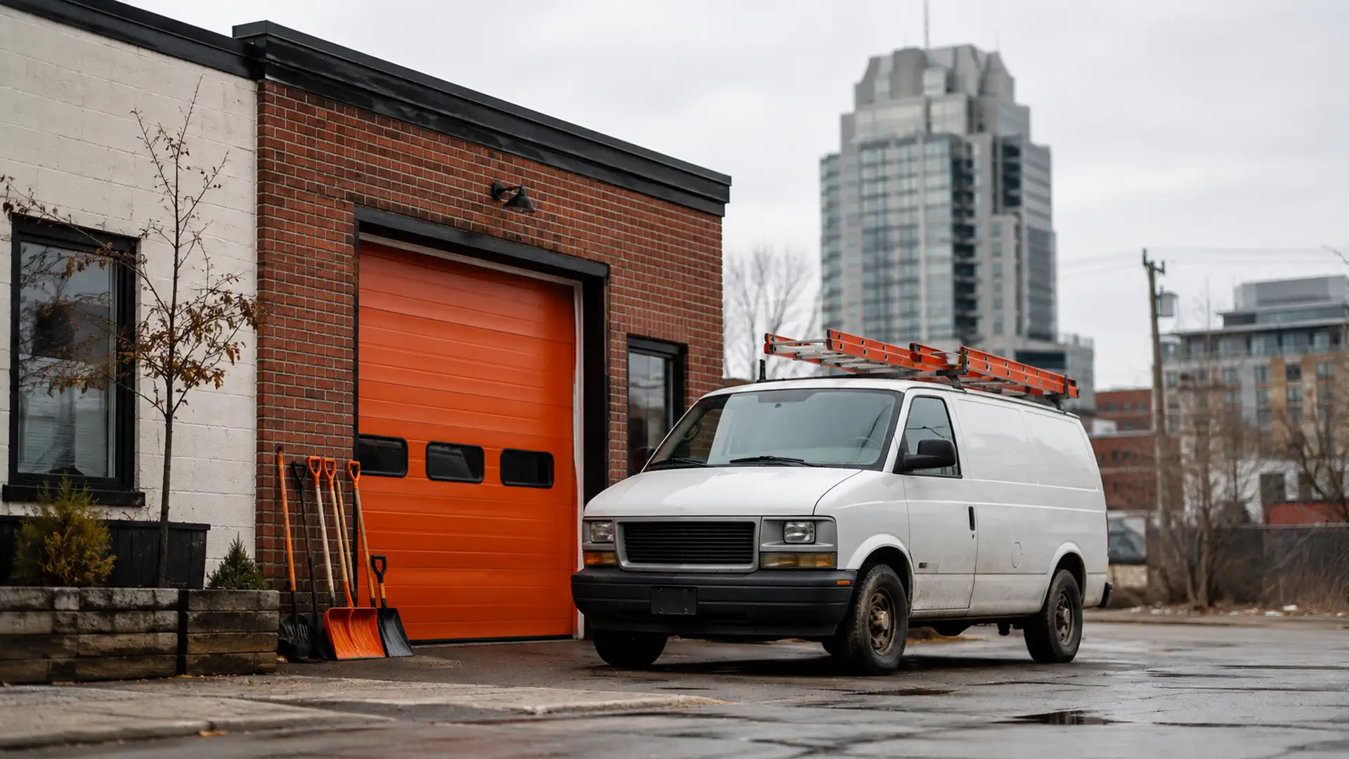 Independent local service workshop competing beside a distant corporate tower