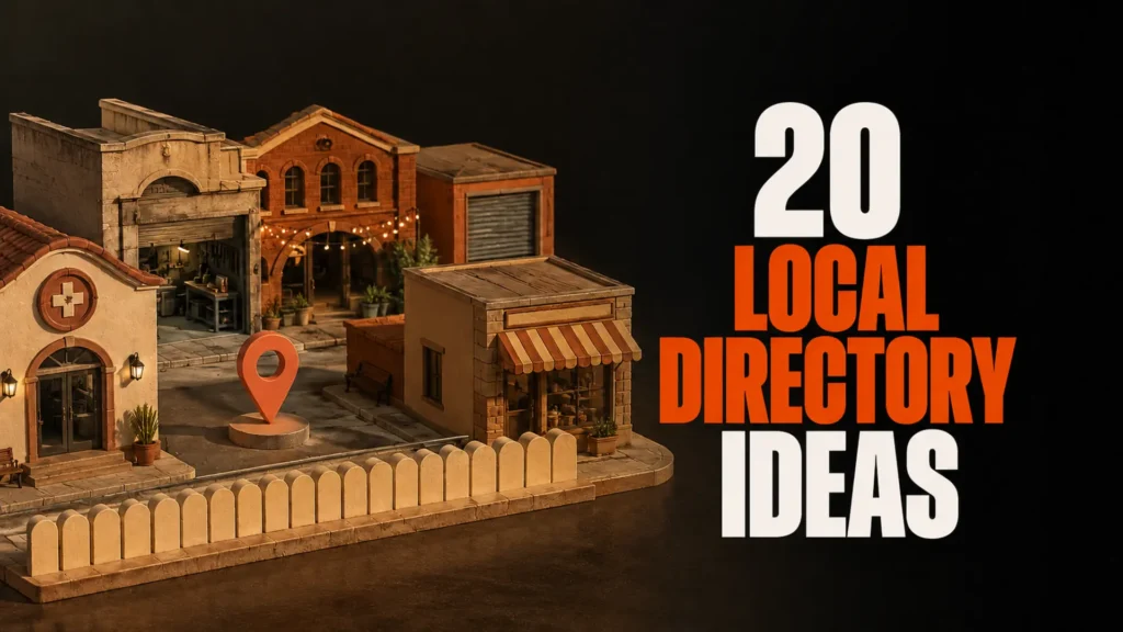 Miniature neighbourhood of varied local services beside the headline 20 Local Directory Ideas